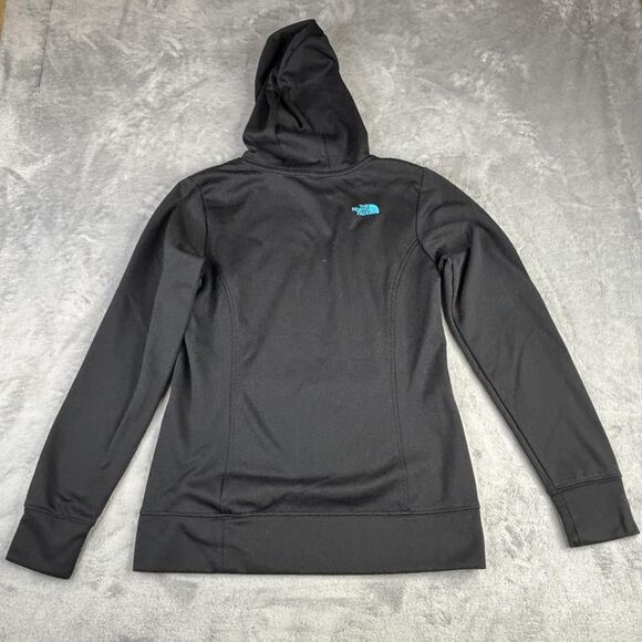 The North Face Hoodie Womens Small Black Blue Logo Pullover Fleece Sweatshirt - Picture 2 of 8